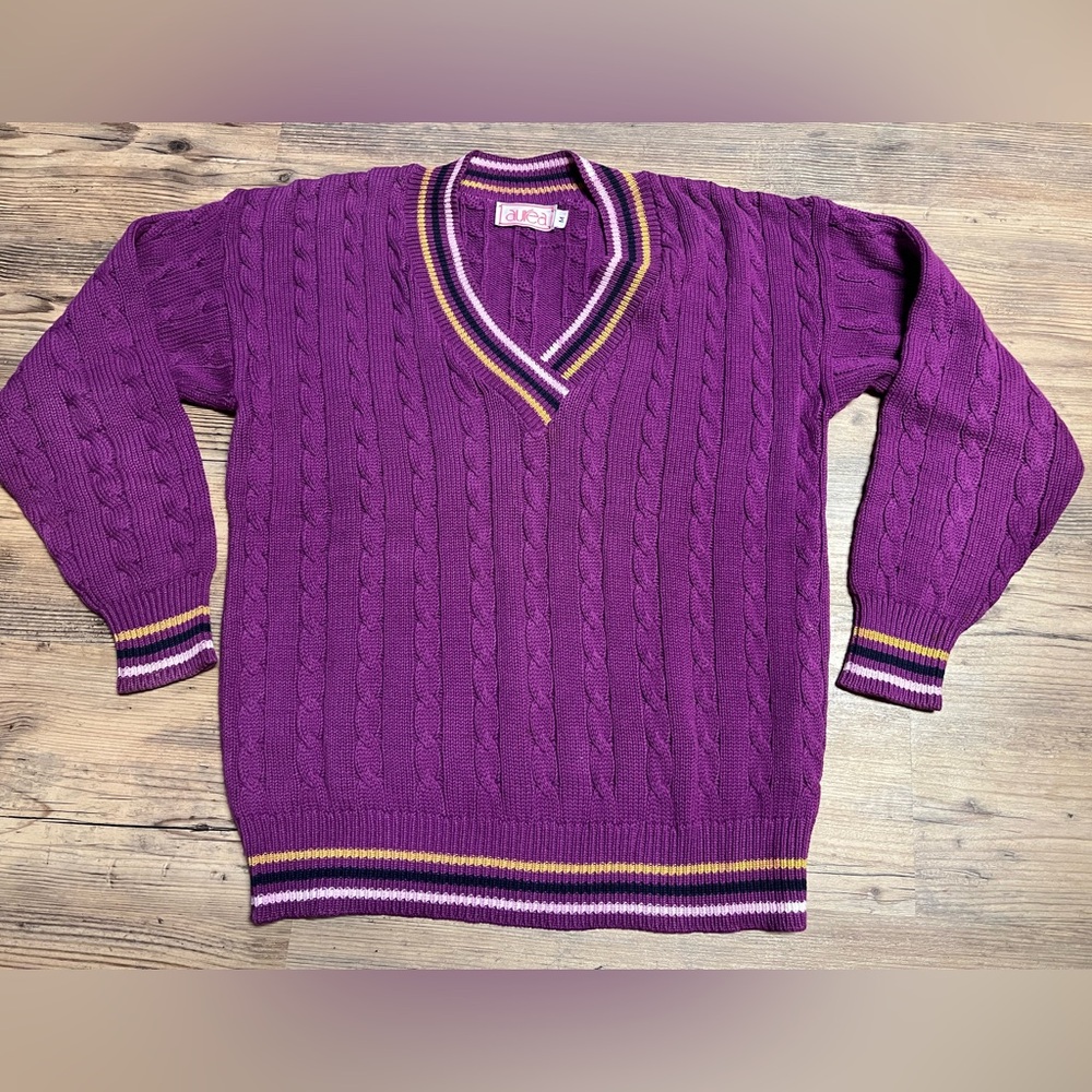 Vintage Tennis Sweater Aurea Purple Cable Knit V-Neck Medium